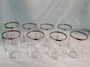 Vintage Set 8 MCM Silver Rim Platinum Clear Tumbler Glasses 12 Oz 4.75" High Lip - Picture 1 of 8