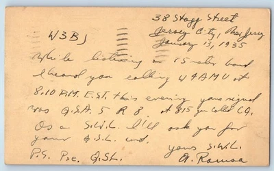 Jersey City New Jersey NJ Postal Card W3BJ A Rowsa SWL QSL Ham Radio 1935 - Image 1 of 2