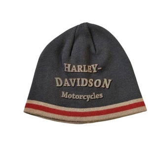 Harley Davidson Motorcycles Strick Beanie Mütze grau rot hellbraun Streifen Logo - Bild 1 von 7