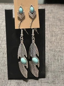 Two Sets Of Earrings With Torquise. First Geometric And Other Is Feather Design - Picture 1 of 7