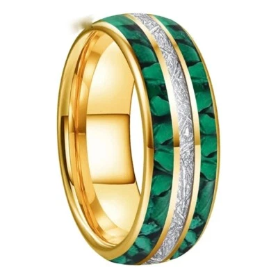 8MM Gold Color Tungsten Carbide Ring Band Meteorite & Malachite Inlay Ring Band - Image 1 of 4