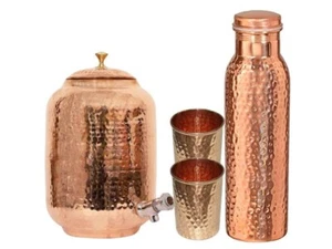 Pure Copper Water Dispenser (Matka) Hammered Container Pot With Bottle & 2 Glass - Picture 1 of 4