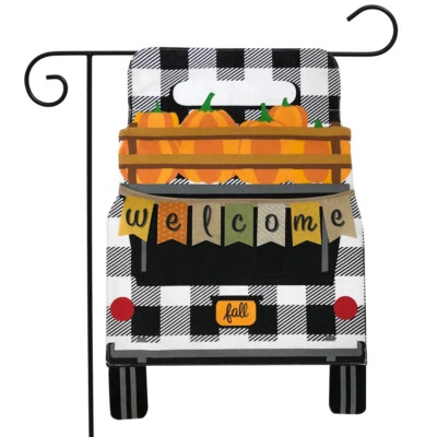 Black Checkered Truck Fall Burlap Garden Flag Pumpkins 12.5"x18" Briarwood Lane - Image 1 of 4