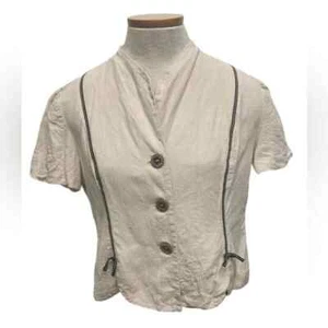 Vintage Linen Blend Boho Button Up Top, Bows, Cream, Scalloped Hem, Women’s 10P - Picture 1 of 9