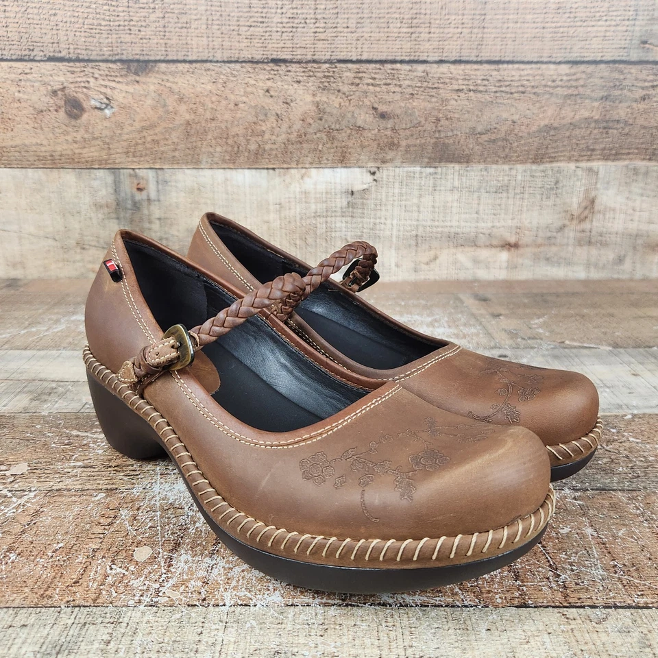 Ecco Sussex Floral Women Size 6/6.5 EU 37 Brown Leather Clogs Mary Jane Braid - Image 1 of 4