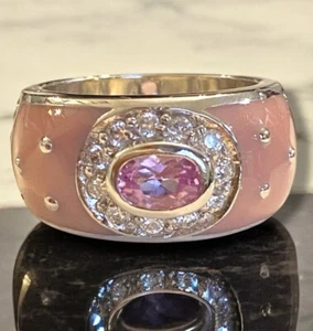 VINTAGE Estate Sterling Silver 925 PINK ENAMEL 10mm Wide Dome Ring Size 6 - Picture 1 of 15