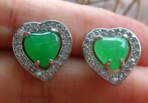 Ohrstecker grüner Jade Cabochon Liebe Herz Diamantimitat Weißgold vergoldet - Bild 1 von 6