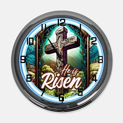 Reloj de neón blanco diseñado con letrero de metal He Is Risen de 18" - CAJA DE SEÑALIZACIÓN Foto 1 de 4