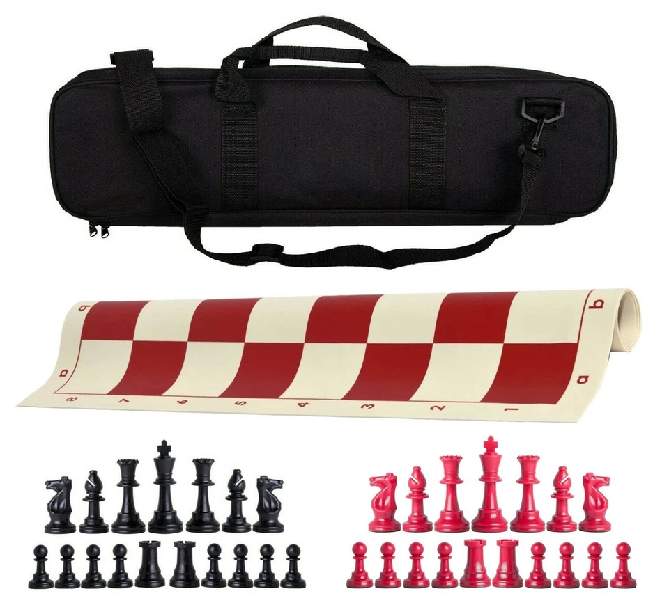 Juego de ajedrez de triple peso de lujo - Piezas y bolsa de tablero de vinilo - Negro Rojo Foto 1 de 4