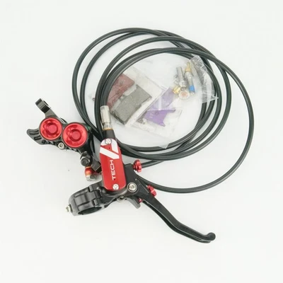 Hope Tech 4 V4 Hydraulic Disc Brake Right/Rear Lever+Caliper 4 Piston Black/Red  - Image 1 of 2