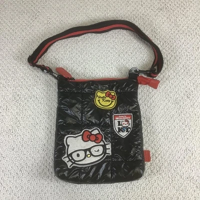 Hello Kitty Sanrio Crossbody Bag Black Quilted Puffer Purse Zip Top Patches - Image 1 of 4