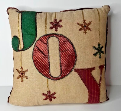 Pier 1 импортная рождественская праздничная подушка «Радость» украшенная бисером красно-зеленая - Изображение 1 из 4