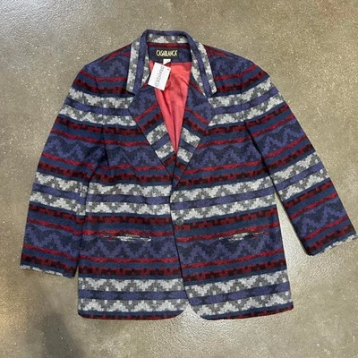 Blazer Vintage Casablanca Lana Azul y Rojo Talla Grande 16 Estampado Azteca Foto 1 de 4