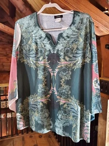 Cocomo Tunika Top Damen XL Bluse grün rosa Boho Print ausgestellt lang Slv Bohemian - Bild 1 von 15
