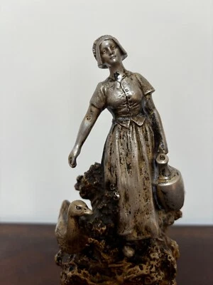 Charles Korschann (1872-1943) plata/bronce 8,4x3,8" niña con pato/louchet París Foto 1 de 4