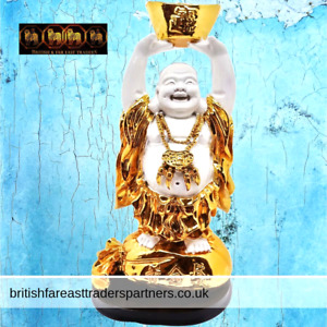 WHITE & GOLD LAUGHING BUDDHA FENG SHUI FORTUNE LUCK WEALTH PROSPERITY FIGURINE