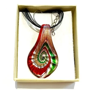 Murano Style Blown Glass Necklace Teardrop Red Green Silver Gold Swirl Sparkly - Picture 1 of 9