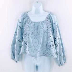 Joie Peasant Top Blue Eyelet Ruffled Balloon Sleeve Cropped Drawstring Hem Sz S - Picture 1 of 10