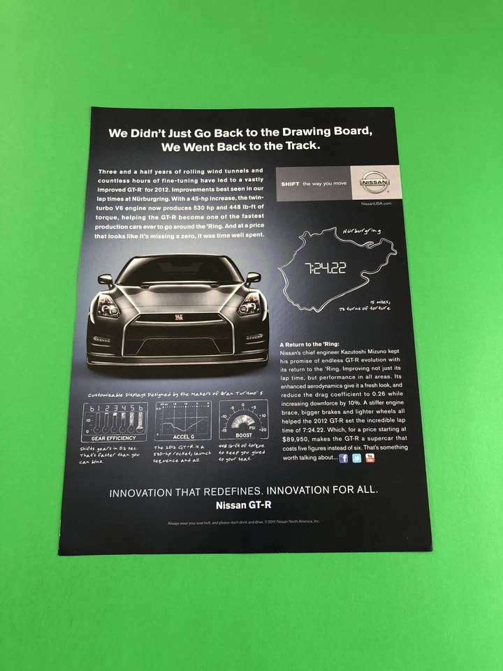2012 NISSAN GT-R GTR ORIGINAL PRINT AD ADVERTISEMENT PRINTED - Image 1 of 1