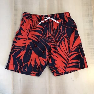Lands' End Boys 4 / Small Swim Trunks Bathing Suit Red Blue Palm Leaf Lined - Picture 1 of 7