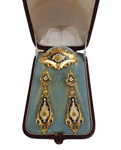 Demi parure, boucles d'oreilles et broche, or 18k et émail, 19e siècle antique - Foto 1 di 13