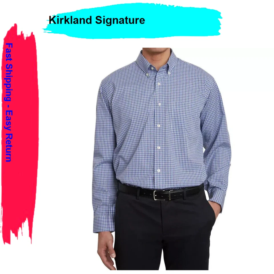 17.5" 36/37 Blue White plaid Kirkland button-collar Dress Shirts