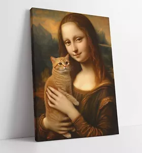 MONA LISA CON UN GATTO - QUADRO ARTE DA PARETE SU TELA CON CORNICE PROFONDA STAMPA - Foto 1 di 2