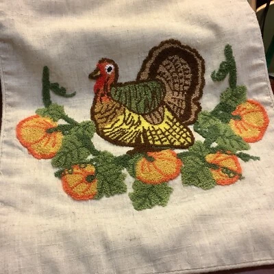 Table Runner~Fall/Thanksgiving/Harvest~70”L~Turkey & Pumpkins~Linen Background~ - Image 1 of 4