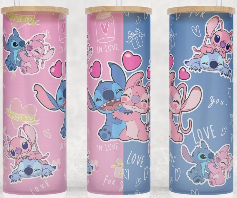 Taza vaso vaso de vidrio esmerilado Stitch and Angel azul y rosa Lovers 25 oz Foto 1 de 1