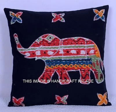 Indian Elephant Patchwork Applique Cotton Kantha Quilted Cushion Cover New Decor - Image 1 of 4