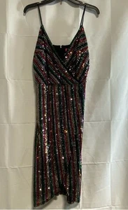 Betsey Johnson Womens Multicolor Striped Sequin Surplice Neck Sheath Dress Sz 12 - Picture 1 of 6