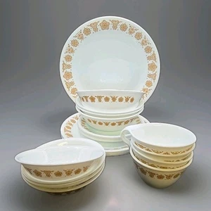 Vtg Corelle 24 PC. 4 / 6 Piece Place Settings BUTTERFLY GOLD 1970s Retro - Picture 1 of 24