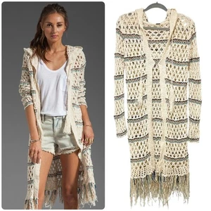 FP Women's Sunblock Ivory Blue Open Knit Crochet Long Sleeve Hooded Cardigan XS - Picture 1 of 12