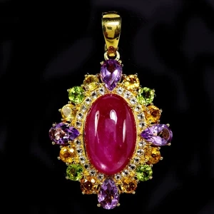 925 STERLING SILVER PENDANT PINK RED RUBY CABACHON & AMETHYST PERIDOT GEMSTONE - Picture 1 of 12