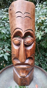 Vintage handgeschnitzte Holz Tiki Maske Wandkunst Stammes Skulptur 24" polynesische Deko - Bild 1 von 17