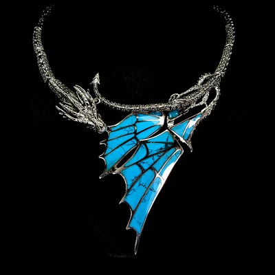Summer 925 Silver Necklace Turquoise Stabilized Ruby Gemstone Dragon Jewelry - Image 1 of 4