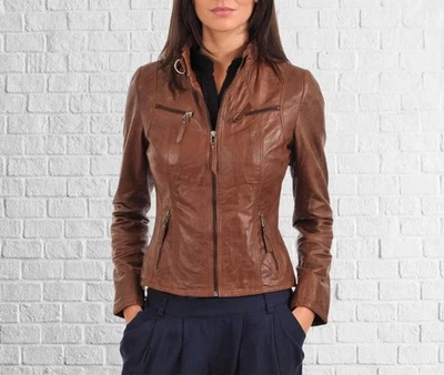Women's Brown Genuine Leather Biker Jacket Slim Fit Moto Style Zipper Outerwear - Image 1 of 4