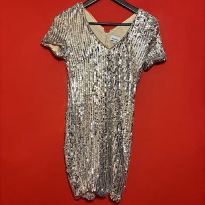Heartloom XS Silver Sequin Mini Dress Short Sleeve Party Cocktail Sparkly - Picture 1 of 6