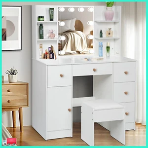 Modern White Dressing Table Makeup Desk With LED Mirror Stool 5 Drawers Bedroom - Picture 1 of 8
