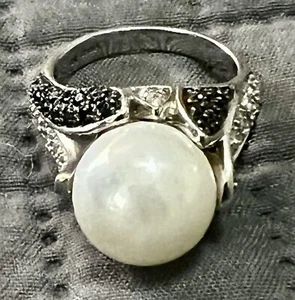 SX 925 Faux Pearl Black & Clear Rhinestones Ring Size 7 - Picture 1 of 4