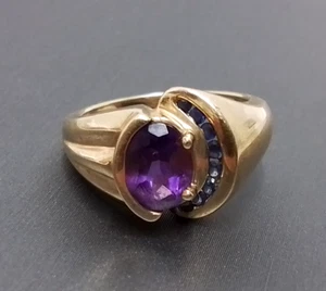 Samuel Aaron Signed THL 10k Gold Amethyst W/ Sapphire Accent Ring - Sz 7 - 6.4G - Picture 1 of 9