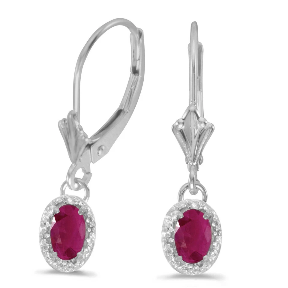 10k White Gold Oval Ruby & Diamond Leverback Earrings - Image 1 of 1