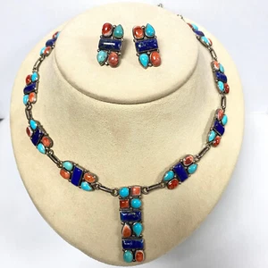 v080 Vintage Ortega's Indian Lapis Turquoise Coral Silver Necklace Earrings - Picture 1 of 7
