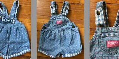 VTG OSH KOSH VESTBAK BUBBLE BIB OVERALLS DENIM PINK WHITE FLORAL CHECKS 2T EUC - Image 1 of 4