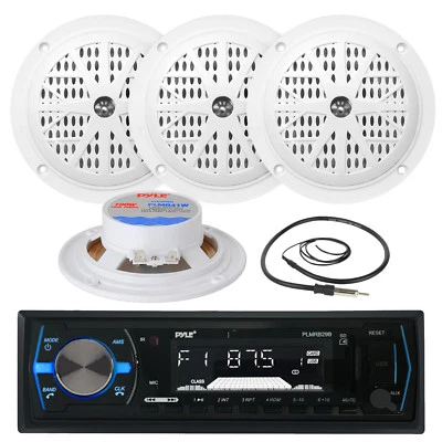 4" White Pyle 100W Marine Speakers, PLMRB29B Marine USB AM FM AUX Radio, Antenna - Image 1 of 4