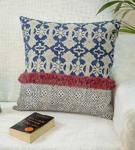 Boho White & Blue Cushion Covers 16x16" Cotton Oriental Print Sofa Decor Pillow - Picture 1 of 4