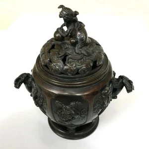 Antique Chinese Japanese bronze censer incense burner Fu dog lion bird flowers - Picture 1 of 9