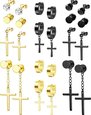 Pendientes de moda (12 pares) tachuelas doradas, cruz negra, aro colgante, gótico y punk † Foto 1 de 4