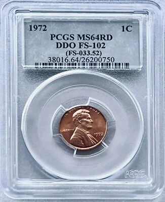 1972 1C DDO LINCOLN MEMORIAL SMALL CENT PCGS MS64RD POP~52 FS-102(FS-033.52) - Image 1 of 2