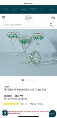 Juego de 4 vasos LENOX Holiday Martini (NUEVOS con pequeña abolladura en caja VER FOTOS) Foto 1 de 4